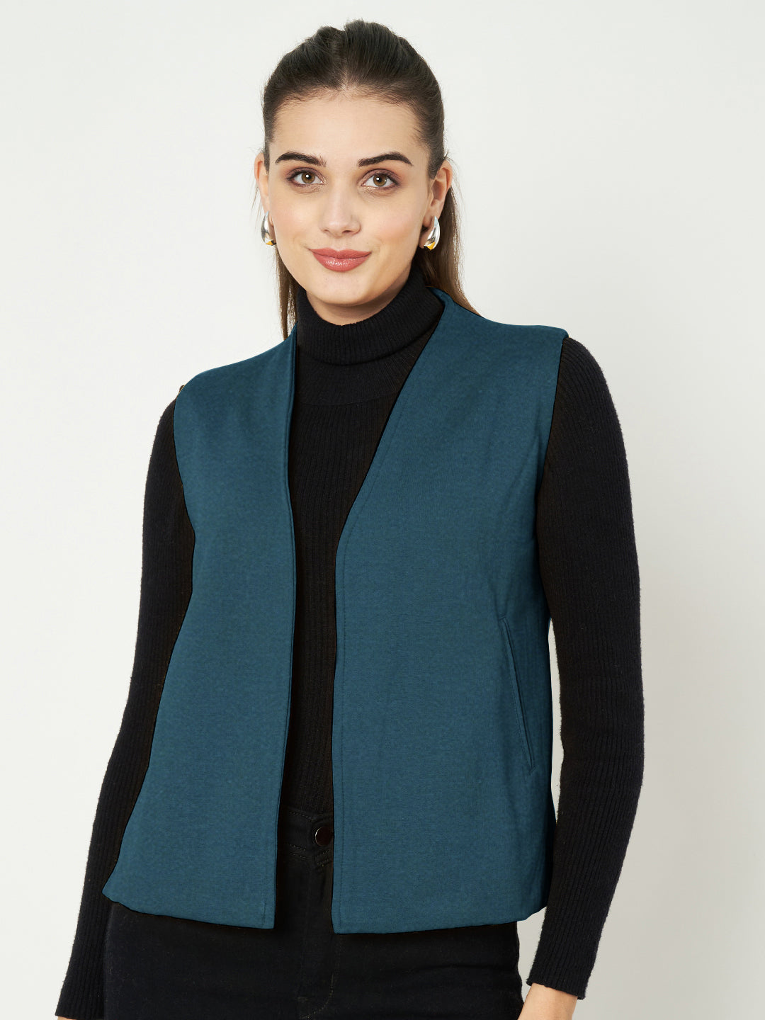 Solid Open-Front V-Neck Casual Waistcoat