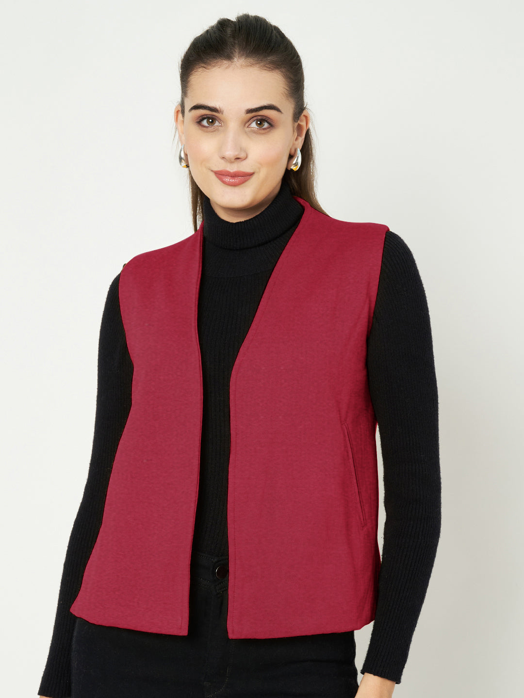 Solid Open-Front V-Neck Casual Waistcoat