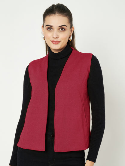Solid Open-Front V-Neck Casual Waistcoat