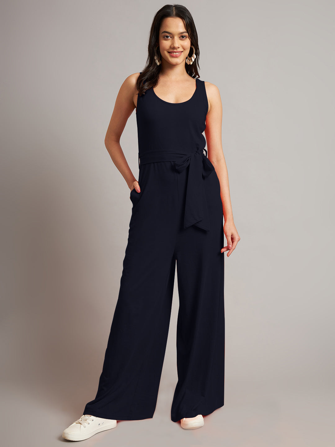 BRINNS Women Cotton Solid Round Neck Sleeveless Jumpsuit With Waist Tie-Ups