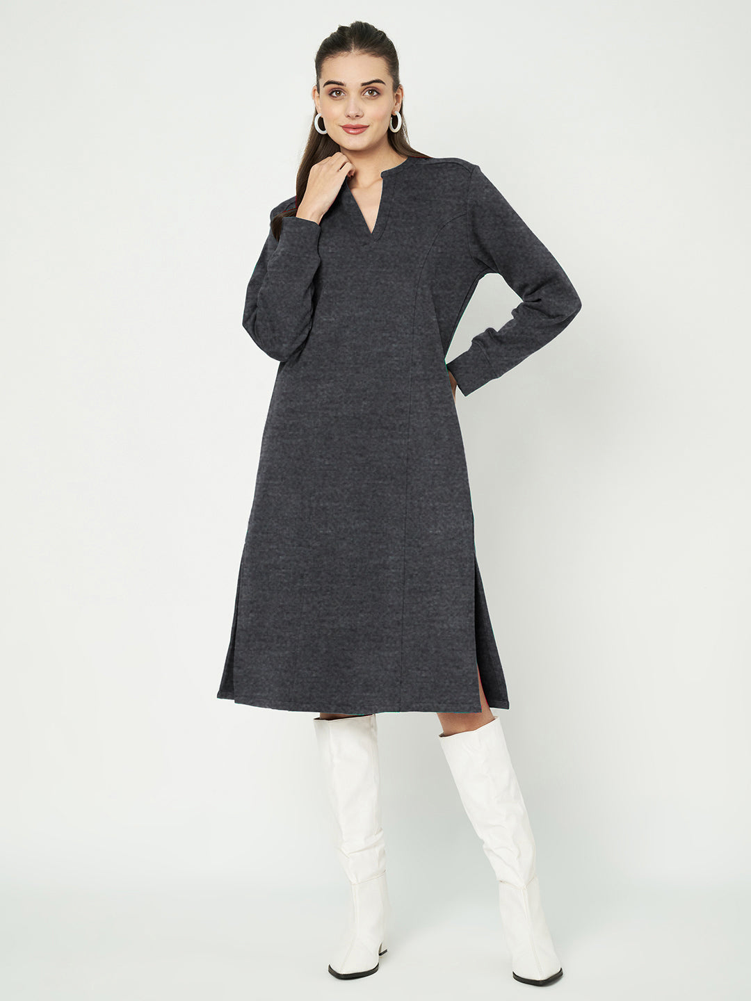 A-Line Dress with V-Neck Split Mandarin Collar