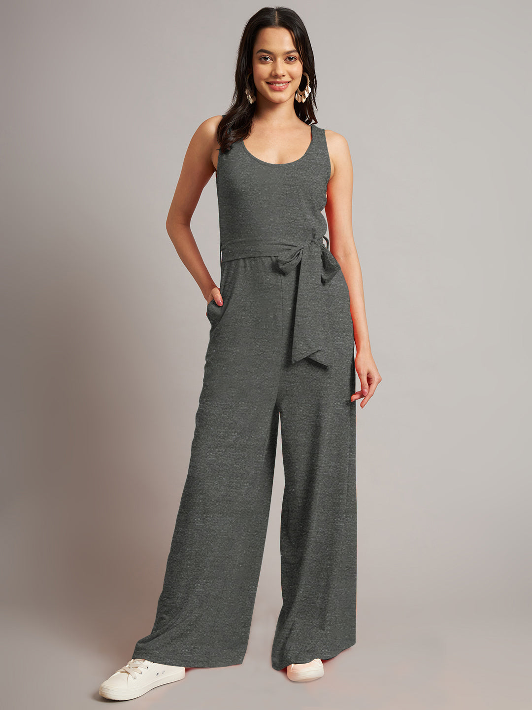 BRINNS Women Cotton Solid Round Neck Sleeveless Jumpsuit With Waist Tie-Ups