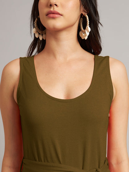BRINNS Women Cotton Solid Round Neck Sleeveless Jumpsuit With Waist Tie-Ups