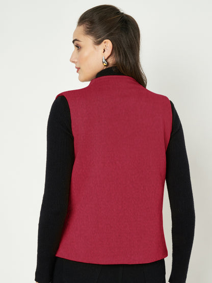 Solid Open-Front V-Neck Casual Waistcoat