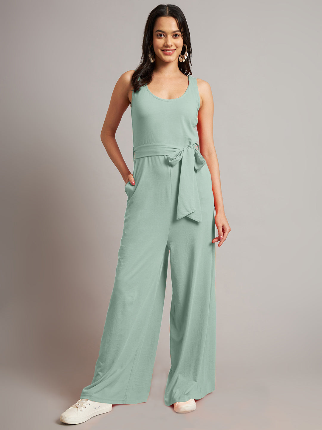 BRINNS Women Cotton Solid Round Neck Sleeveless Jumpsuit With Waist Tie-Ups