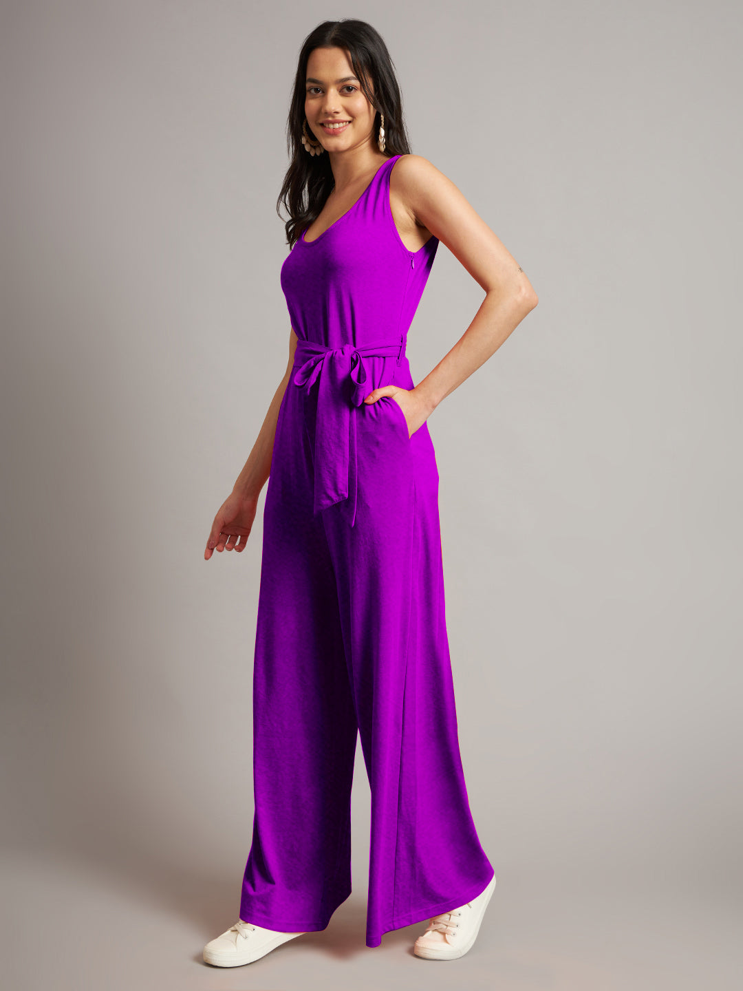 BRINNS Women Cotton Solid Round Neck Sleeveless Jumpsuit With Waist Tie-Ups