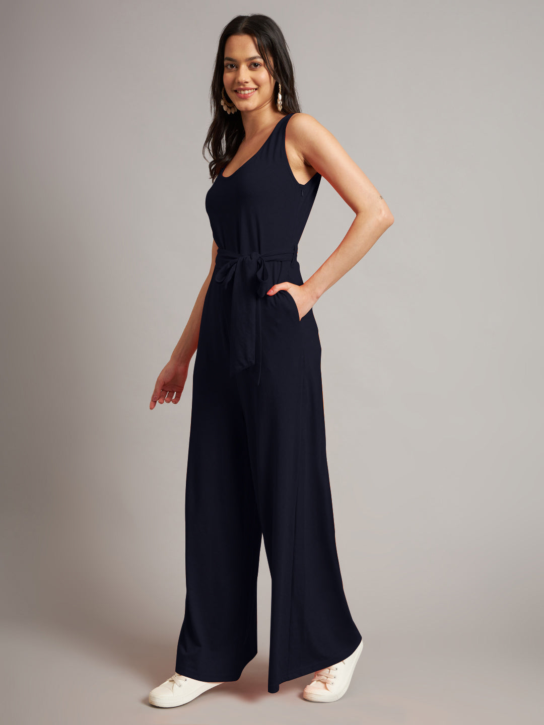 BRINNS Women Cotton Solid Round Neck Sleeveless Jumpsuit With Waist Tie-Ups