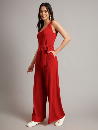 BRINNS Women Cotton Solid Round Neck Sleeveless Jumpsuit With Waist Tie-Ups