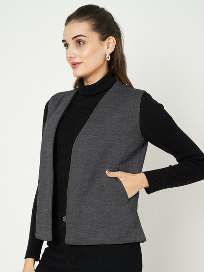 Solid Open-Front V-Neck Casual Waistcoat