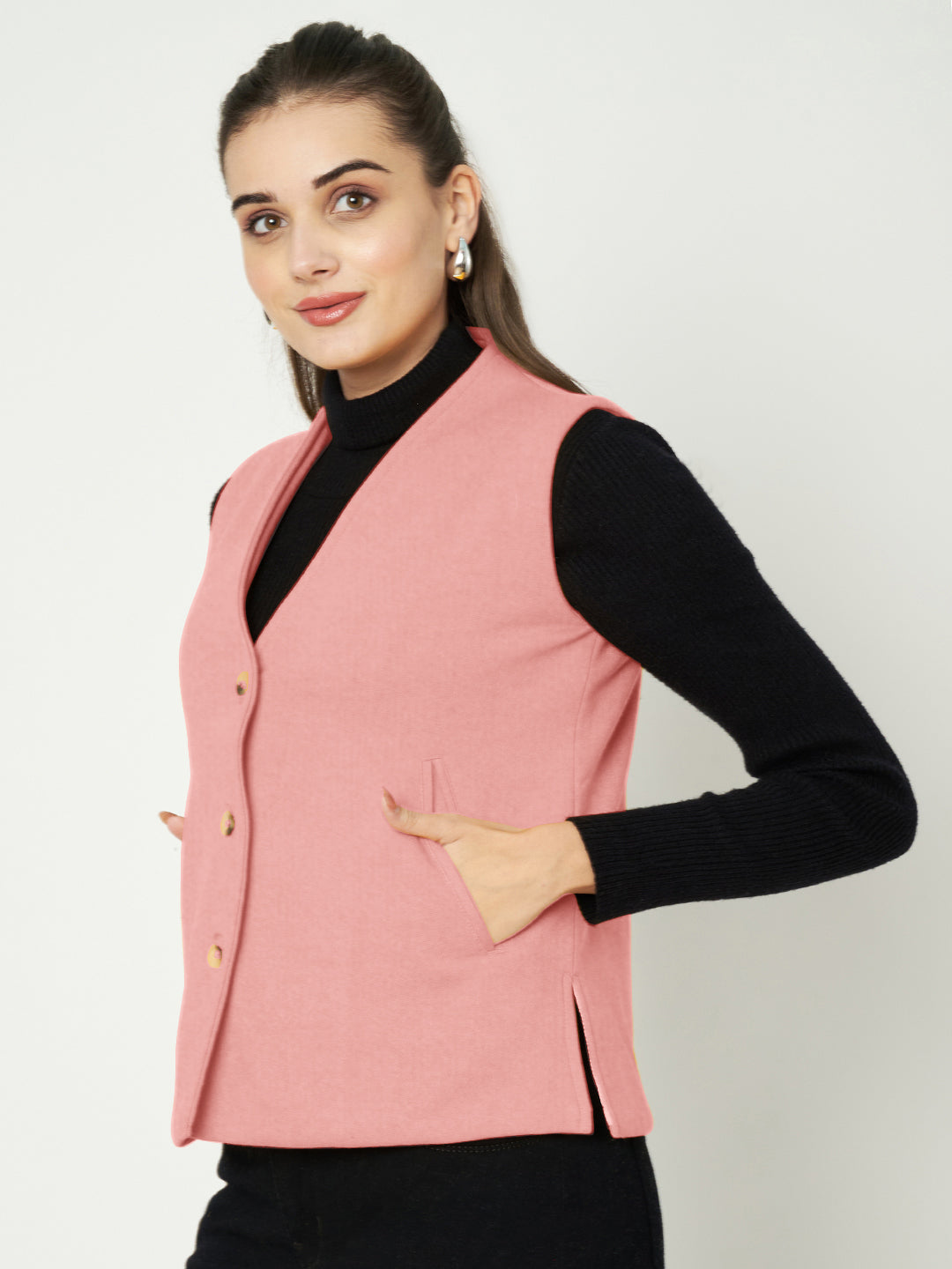 V-Neck Casual Polycotton Fleece Waistcoat with Pockets