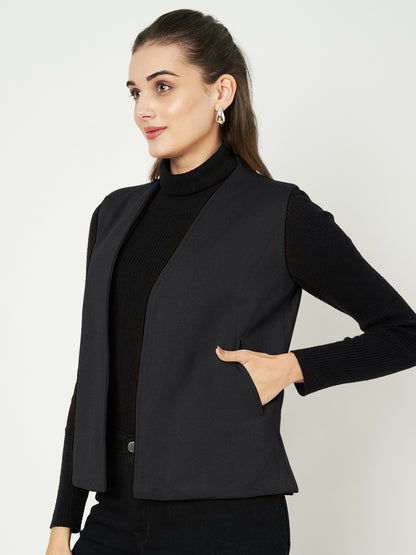 Solid Open-Front V-Neck Casual Waistcoat