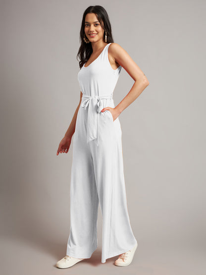 BRINNS Women Cotton Solid Round Neck Sleeveless Jumpsuit With Waist Tie-Ups
