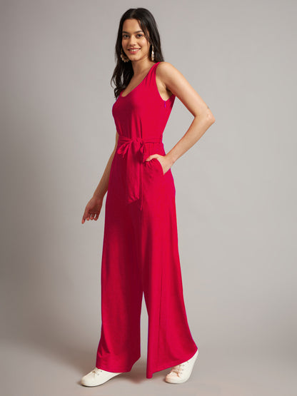 BRINNS Women Cotton Solid Round Neck Sleeveless Jumpsuit With Waist Tie-Ups