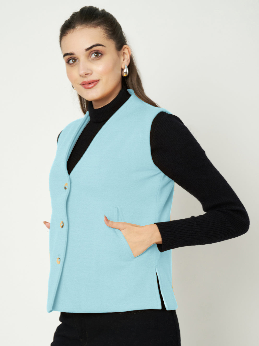 V-Neck Casual Polycotton Fleece Waistcoat with Pockets