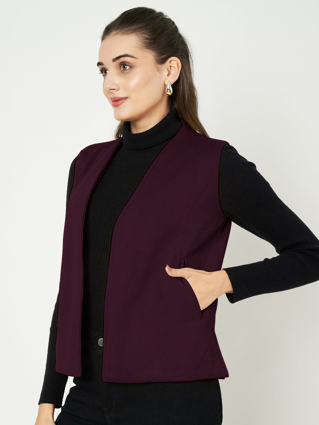 Solid Open-Front V-Neck Casual Waistcoat