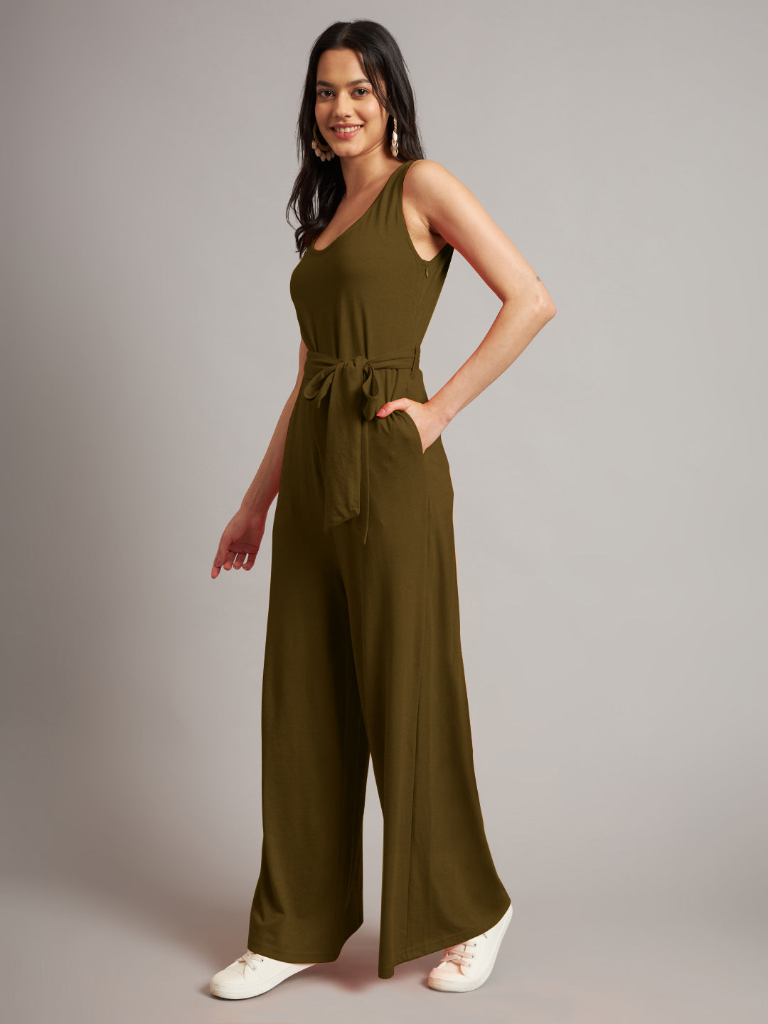 BRINNS Women Cotton Solid Round Neck Sleeveless Jumpsuit With Waist Tie-Ups