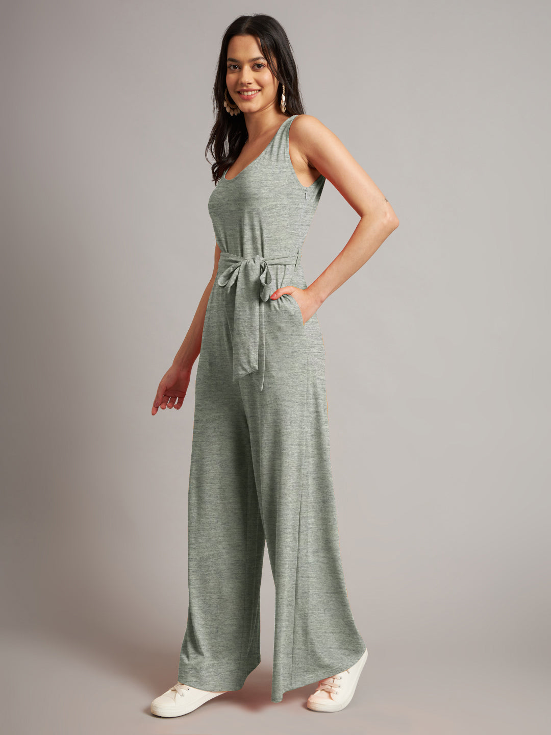 BRINNS Women Cotton Solid Round Neck Sleeveless Jumpsuit With Waist Tie-Ups