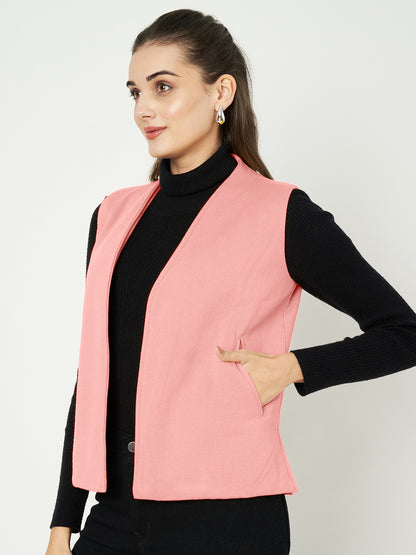 Solid Open-Front V-Neck Casual Waistcoat