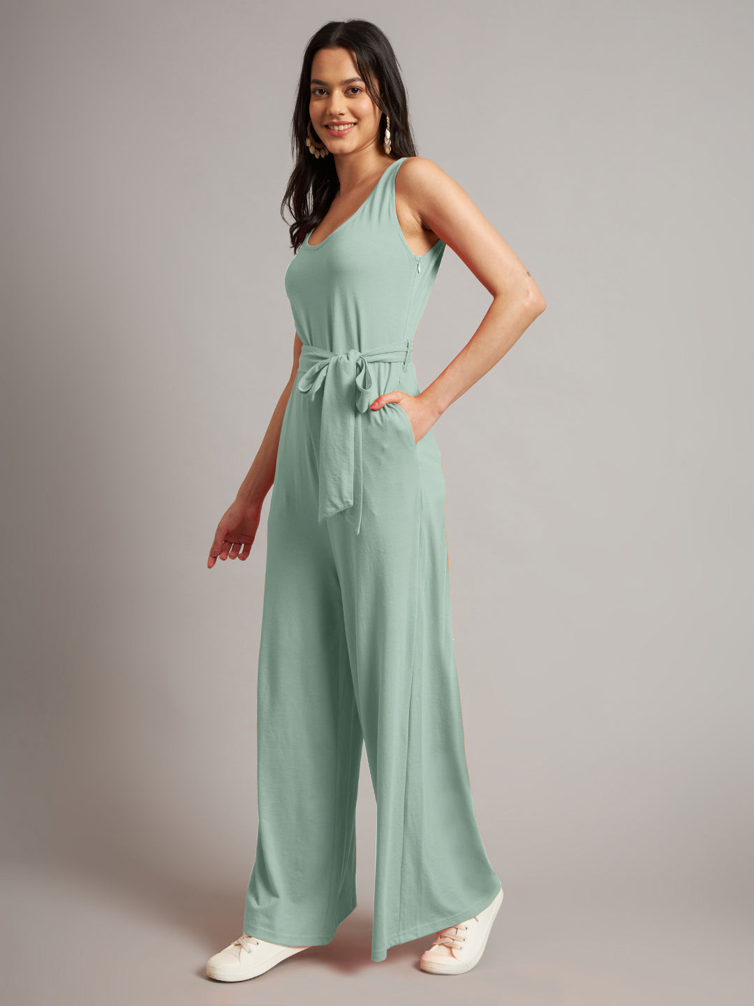 BRINNS Women Cotton Solid Round Neck Sleeveless Jumpsuit With Waist Tie-Ups