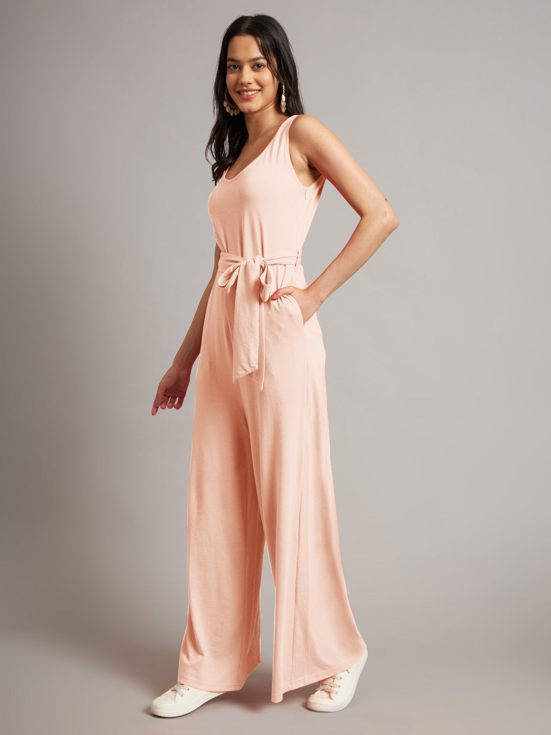 BRINNS Women Cotton Solid Round Neck Sleeveless Jumpsuit With Waist Tie-Ups