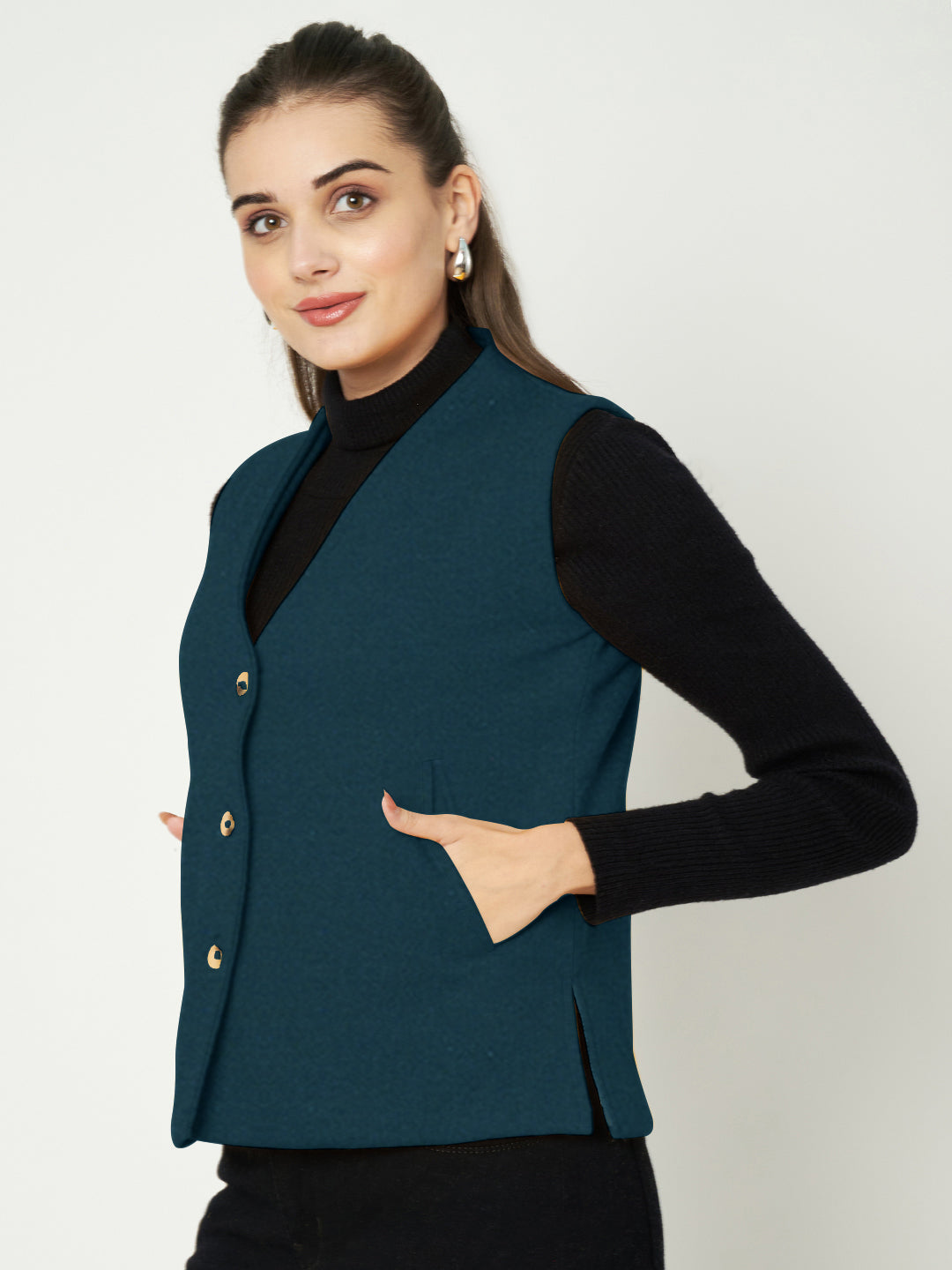 V-Neck Casual Polycotton Fleece Waistcoat with Pockets