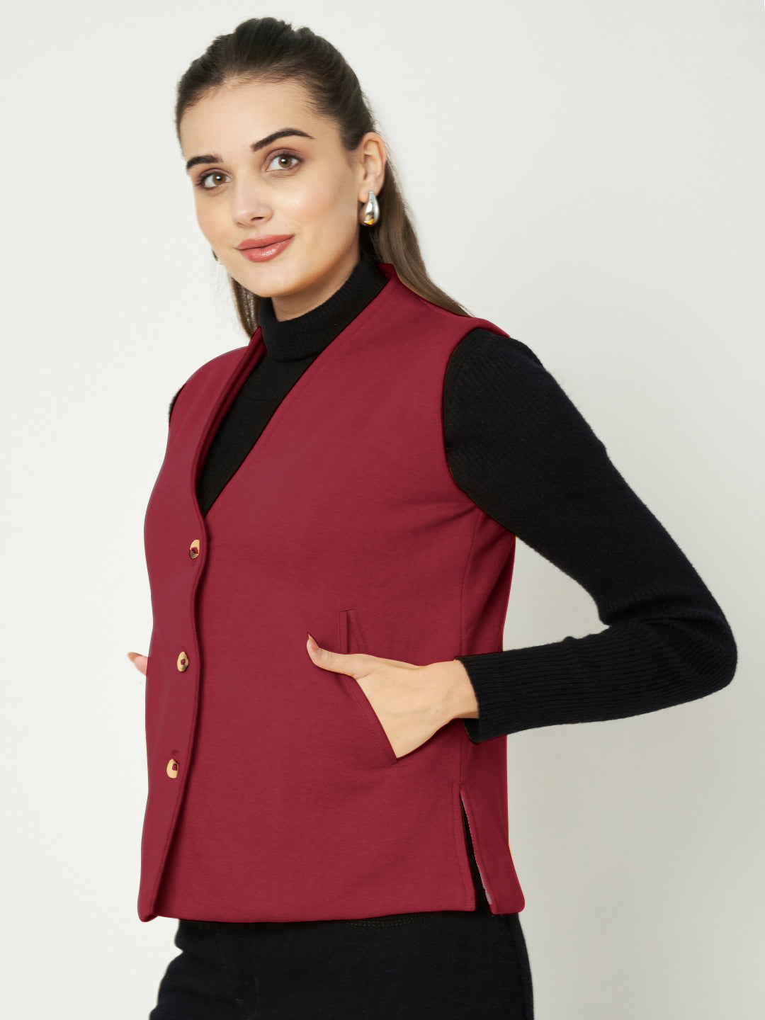 V-Neck Casual Polycotton Fleece Waistcoat with Pockets