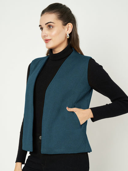Solid Open-Front V-Neck Casual Waistcoat