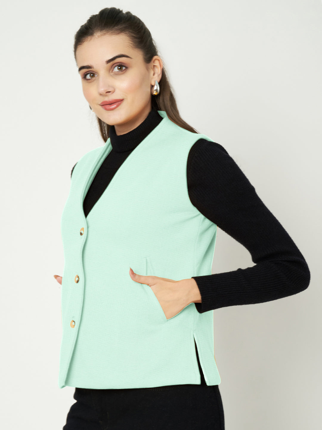 V-Neck Casual Polycotton Fleece Waistcoat with Pockets