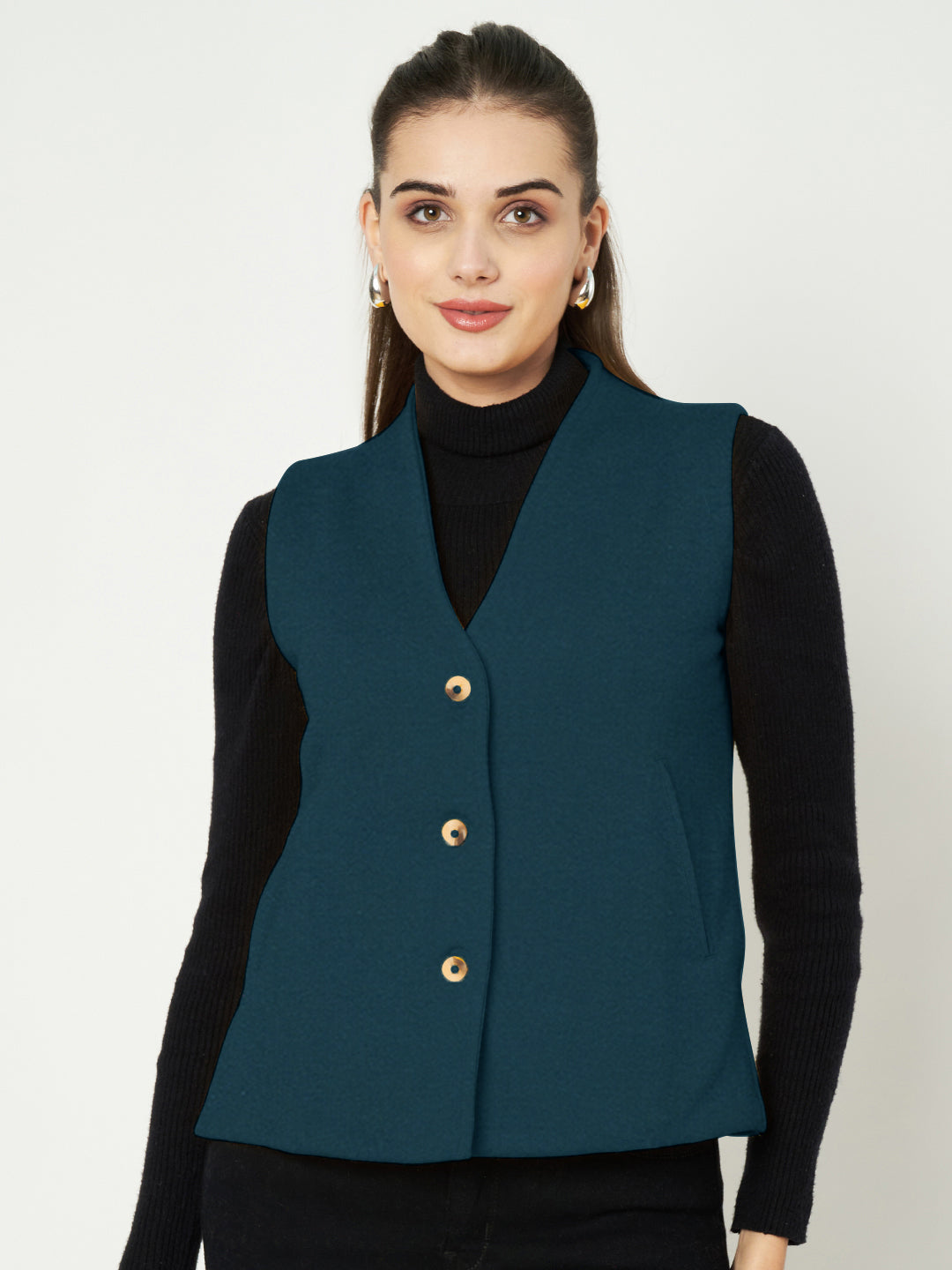 V-Neck Casual Polycotton Fleece Waistcoat with Pockets