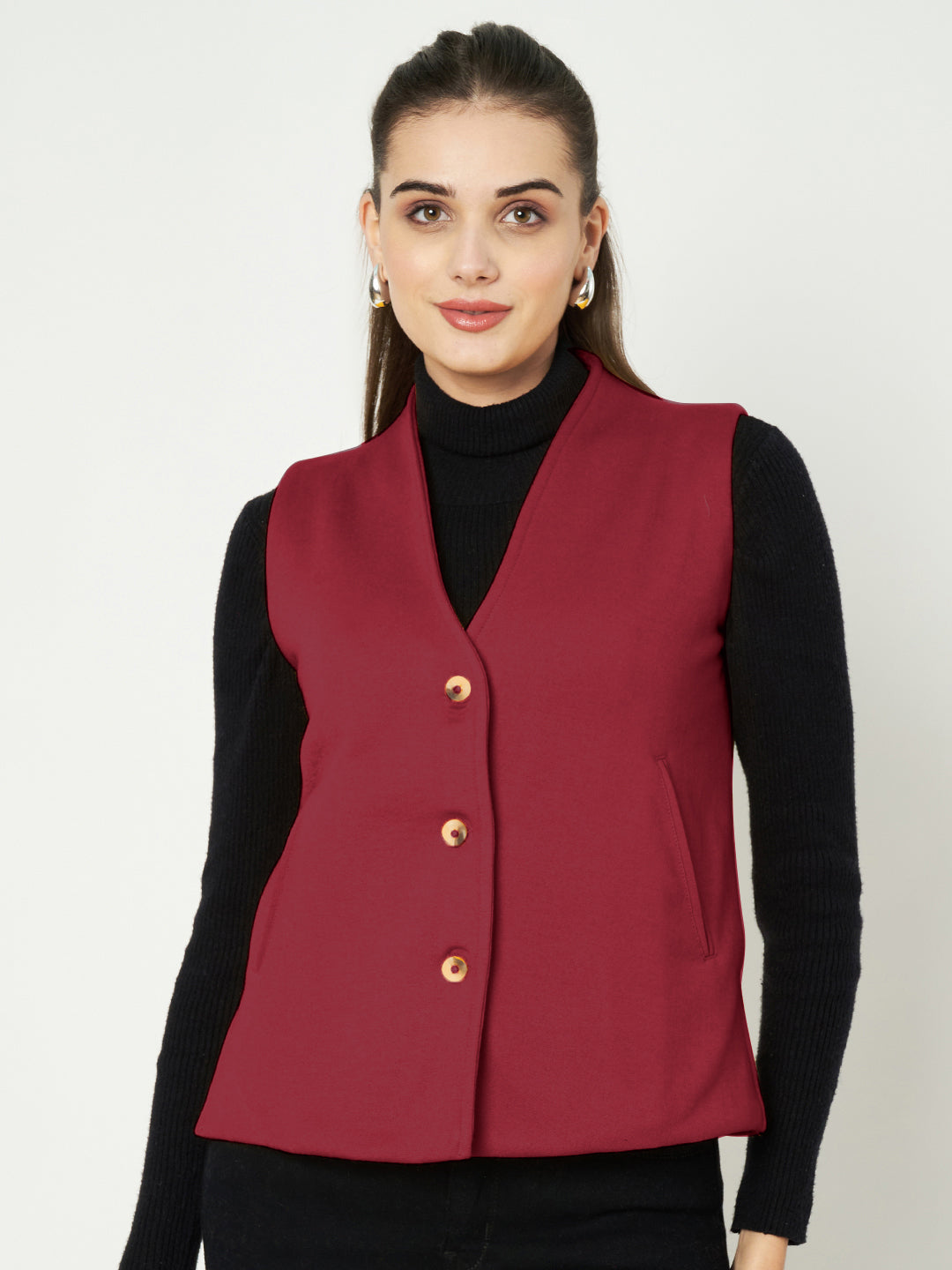 V-Neck Casual Polycotton Fleece Waistcoat with Pockets