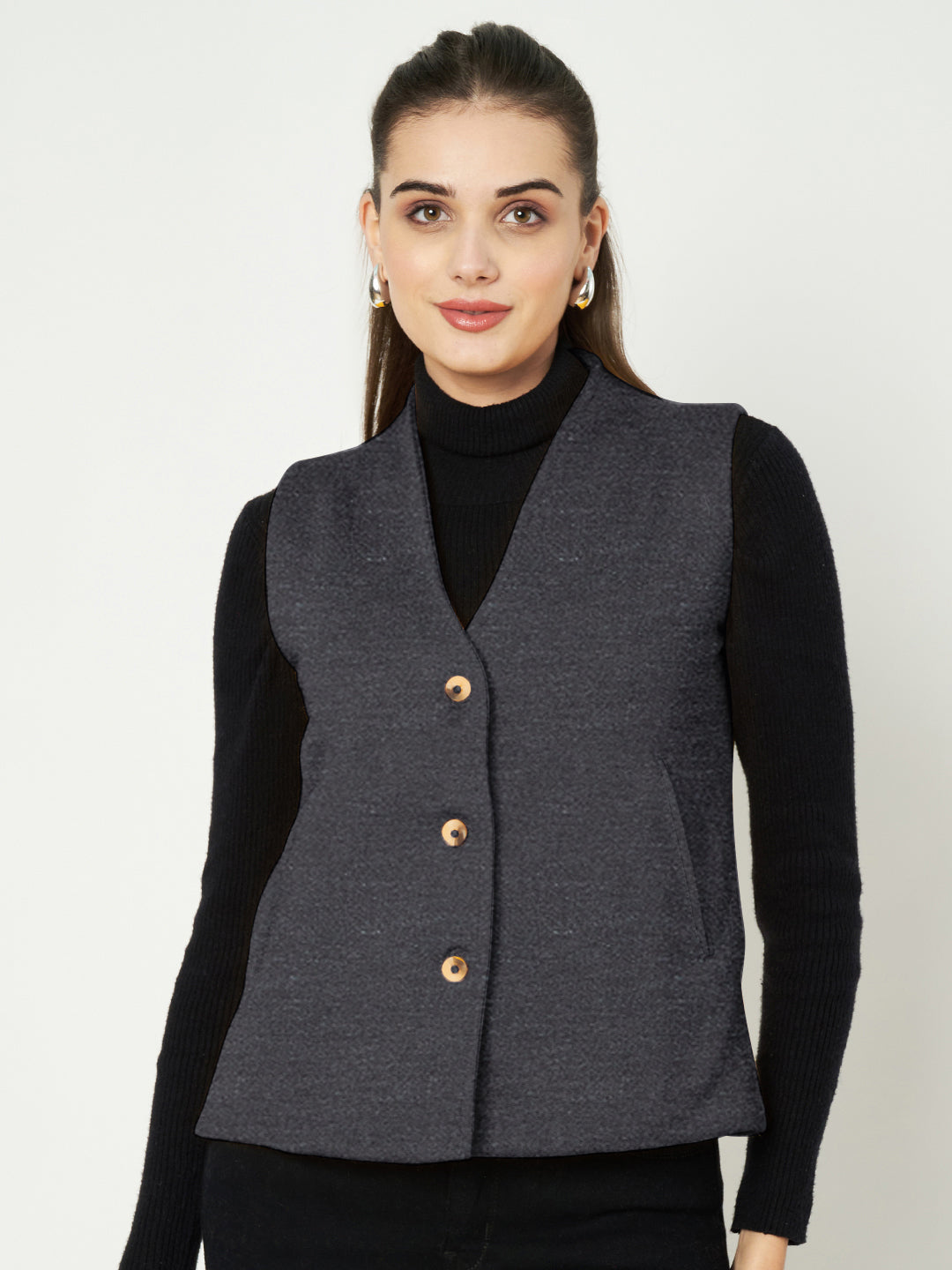 V-Neck Casual Polycotton Fleece Waistcoat with Pockets