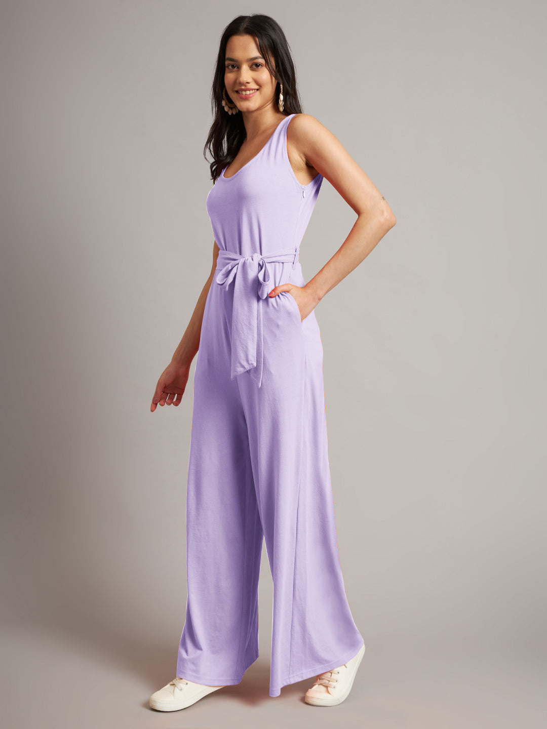 BRINNS Women Cotton Solid Round Neck Sleeveless Jumpsuit With Waist Tie-Ups