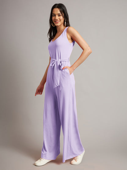 BRINNS Women Cotton Solid Round Neck Sleeveless Jumpsuit With Waist Tie-Ups