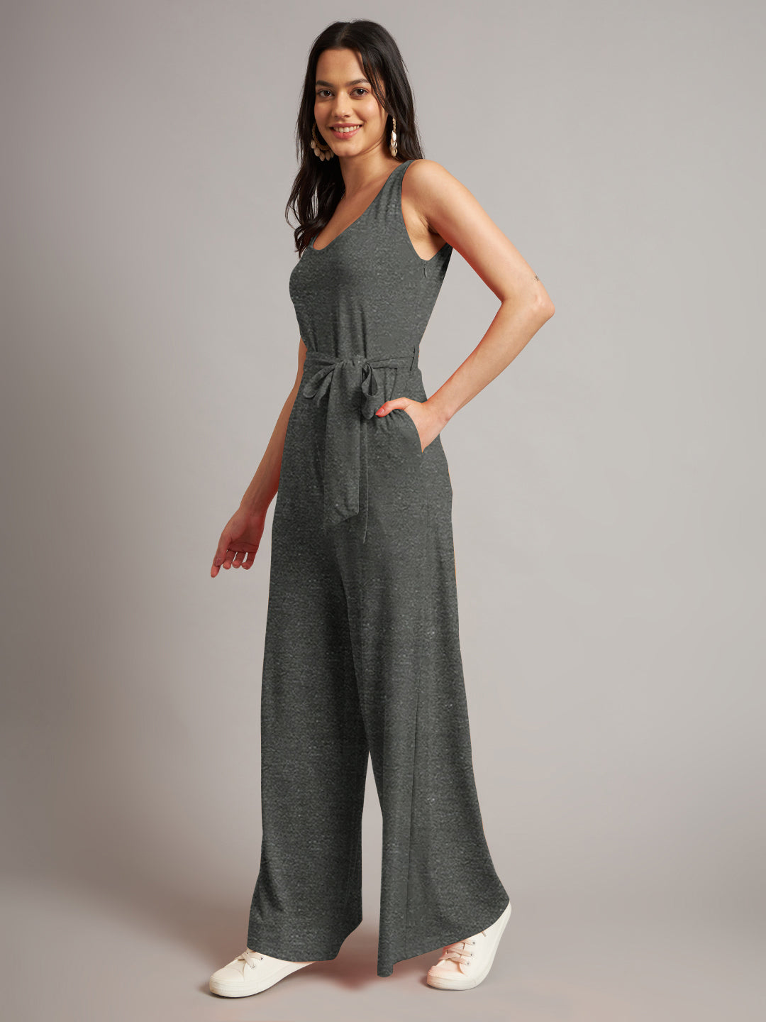 BRINNS Women Cotton Solid Round Neck Sleeveless Jumpsuit With Waist Tie-Ups
