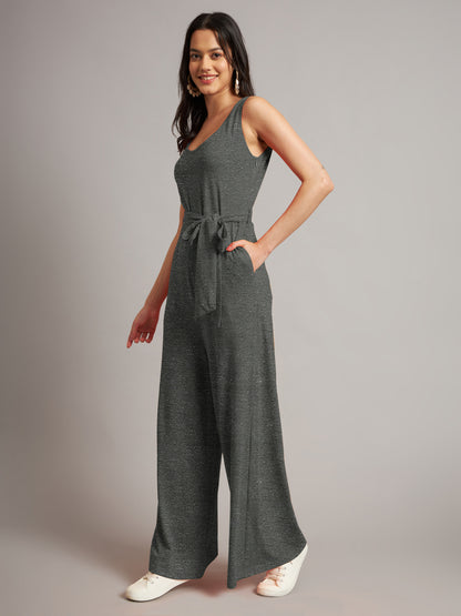 BRINNS Women Cotton Solid Round Neck Sleeveless Jumpsuit With Waist Tie-Ups