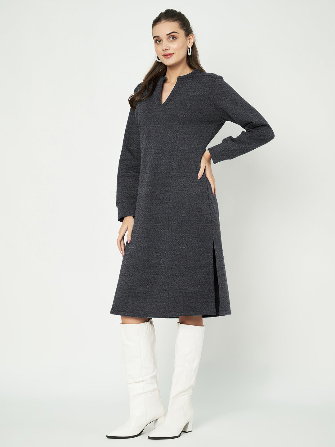 A-Line Dress with V-Neck Split Mandarin Collar