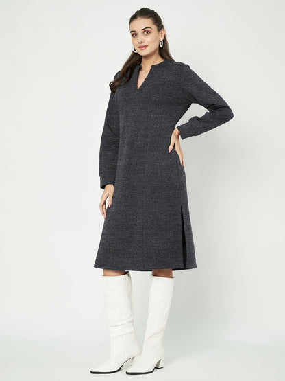 A-Line Dress with V-Neck Split Mandarin Collar