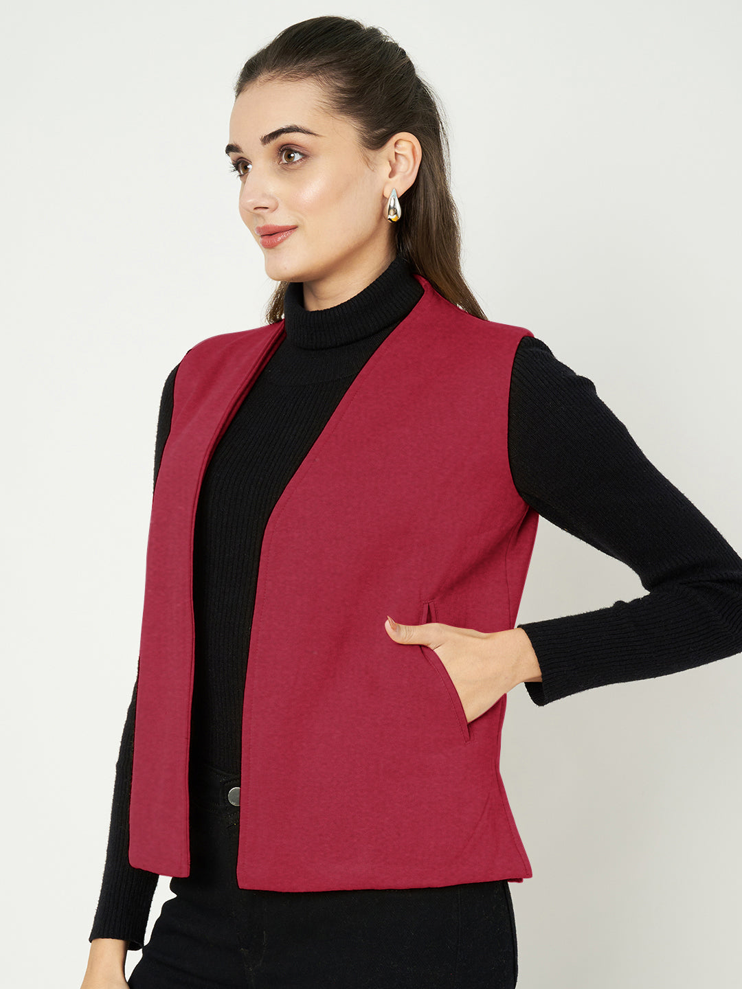 Solid Open-Front V-Neck Casual Waistcoat