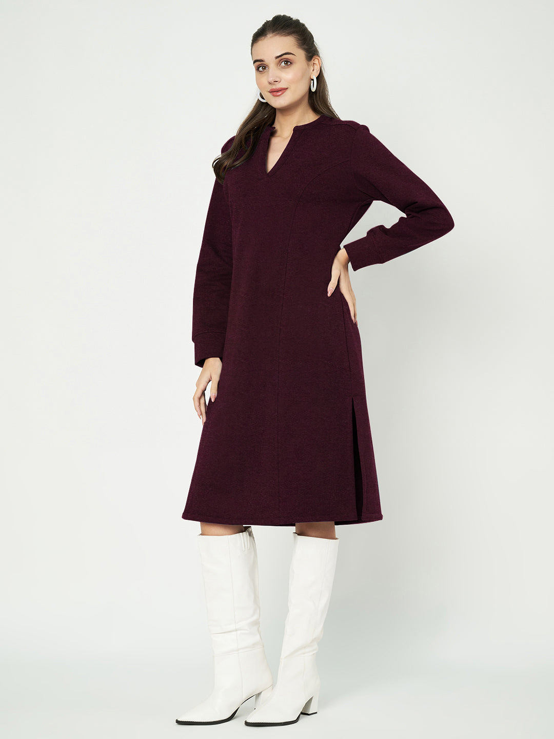 A-Line Dress with V-Neck Split Mandarin Collar