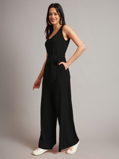 BRINNS Women Cotton Solid Round Neck Sleeveless Jumpsuit With Waist Tie-Ups