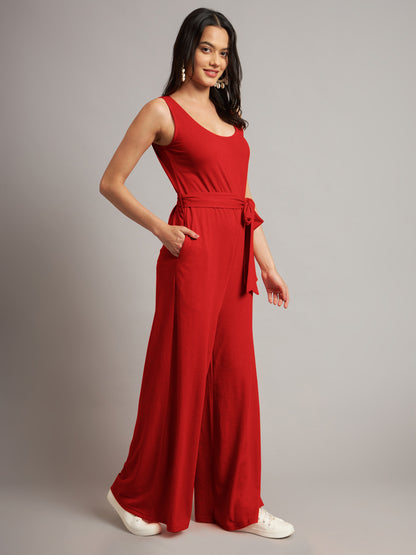BRINNS Women Cotton Solid Round Neck Sleeveless Jumpsuit With Waist Tie-Ups