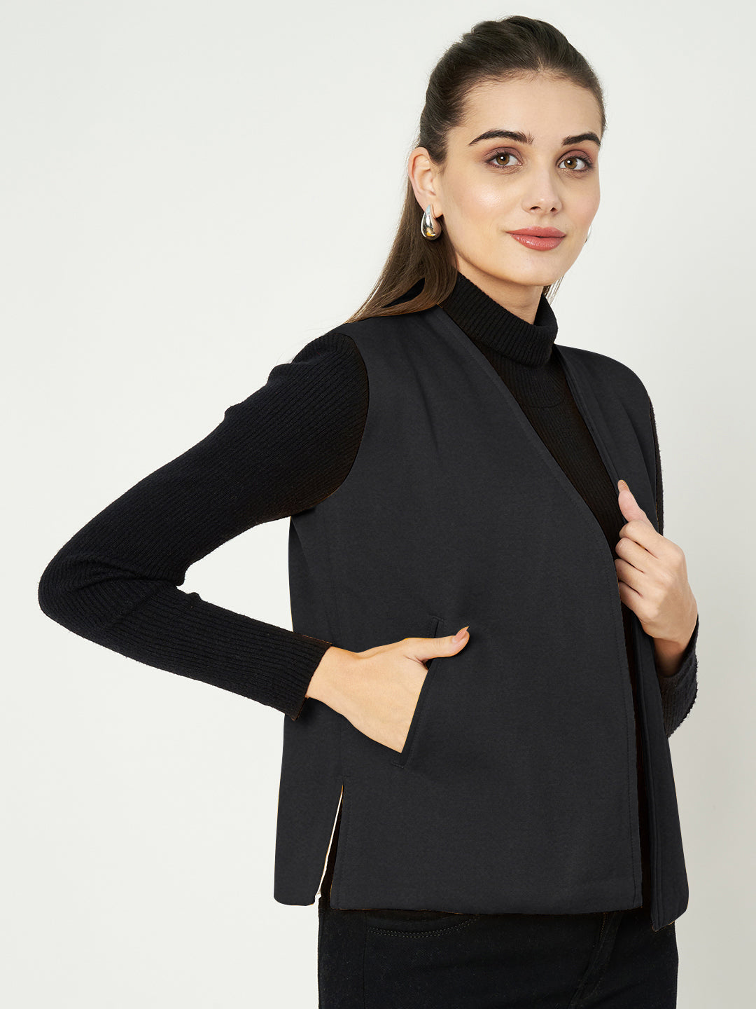 Solid Open-Front V-Neck Casual Waistcoat