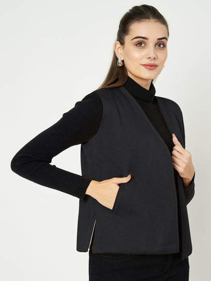 Solid Open-Front V-Neck Casual Waistcoat