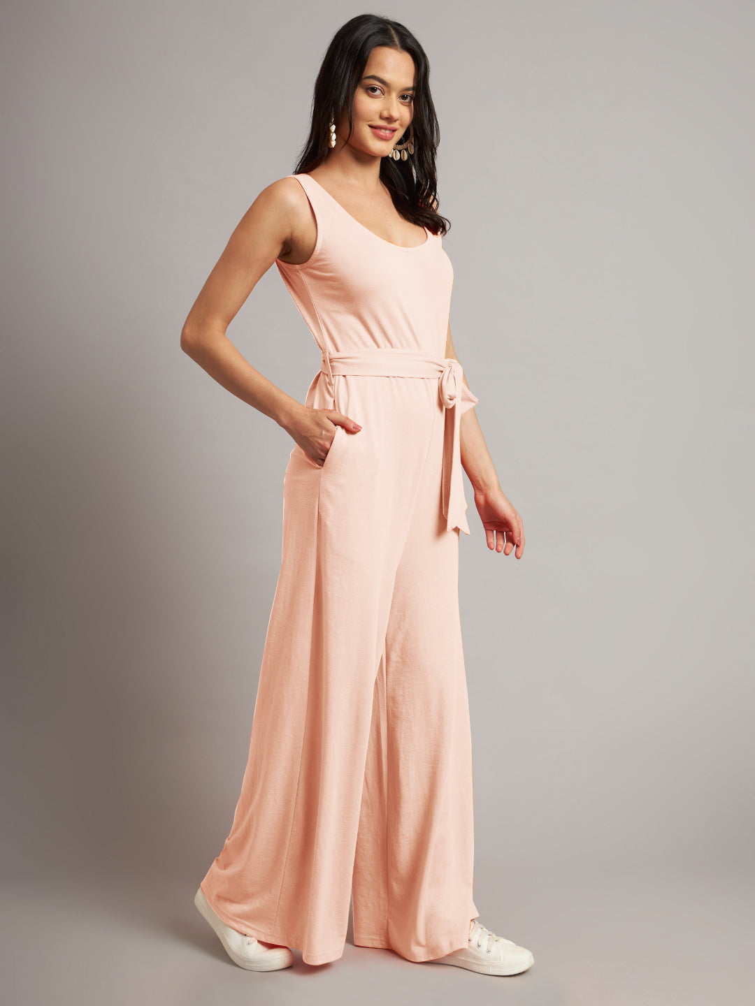 BRINNS Women Cotton Solid Round Neck Sleeveless Jumpsuit With Waist Tie-Ups