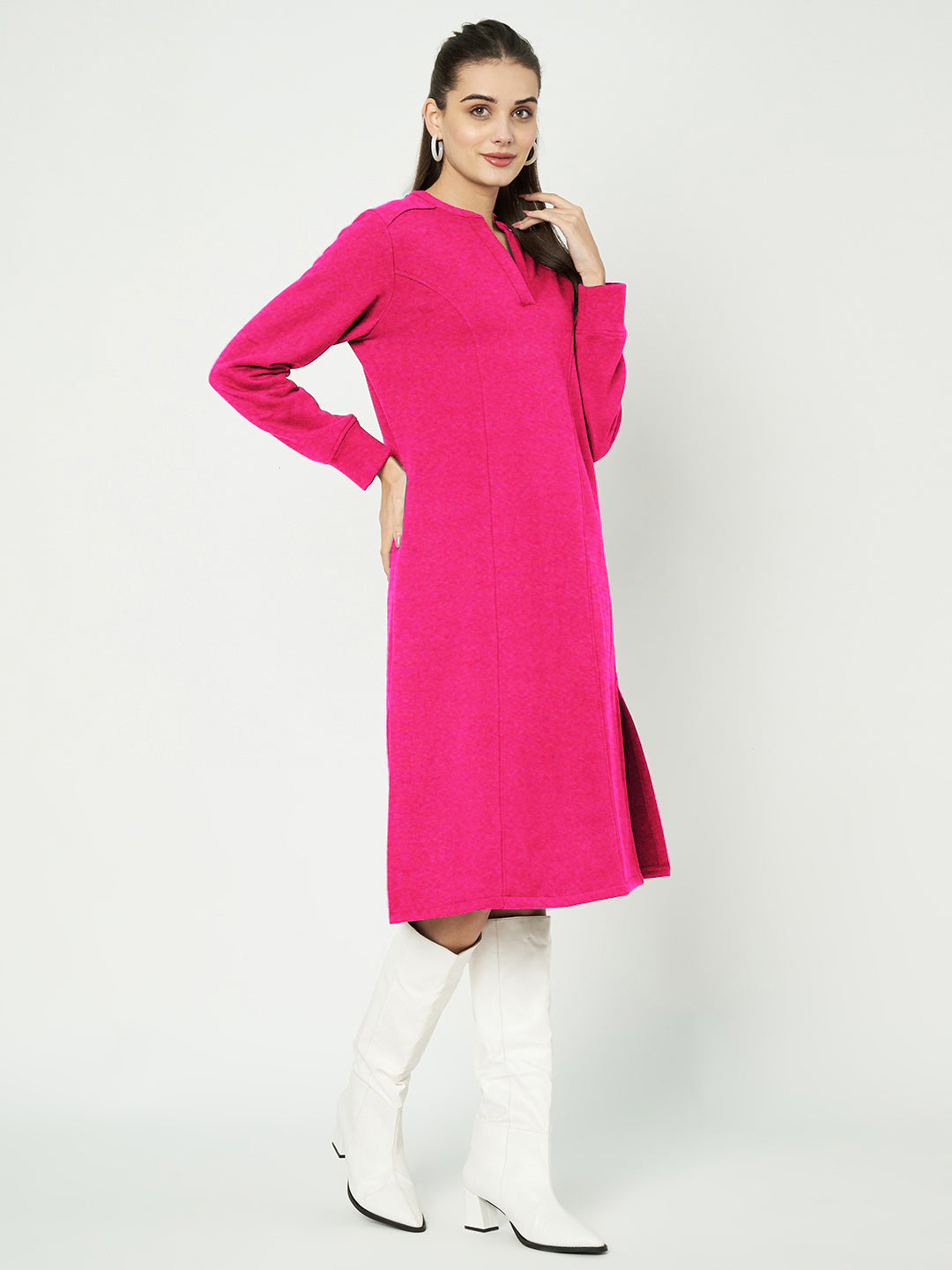 A-Line Dress with V-Neck Split Mandarin Collar