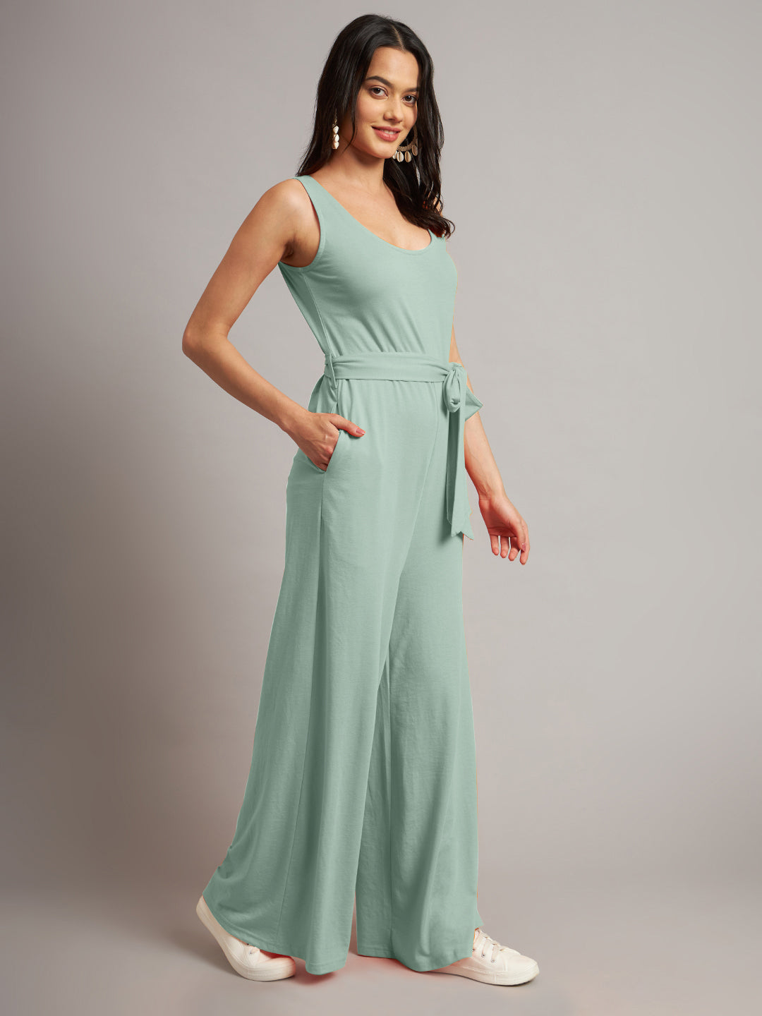 BRINNS Women Cotton Solid Round Neck Sleeveless Jumpsuit With Waist Tie-Ups