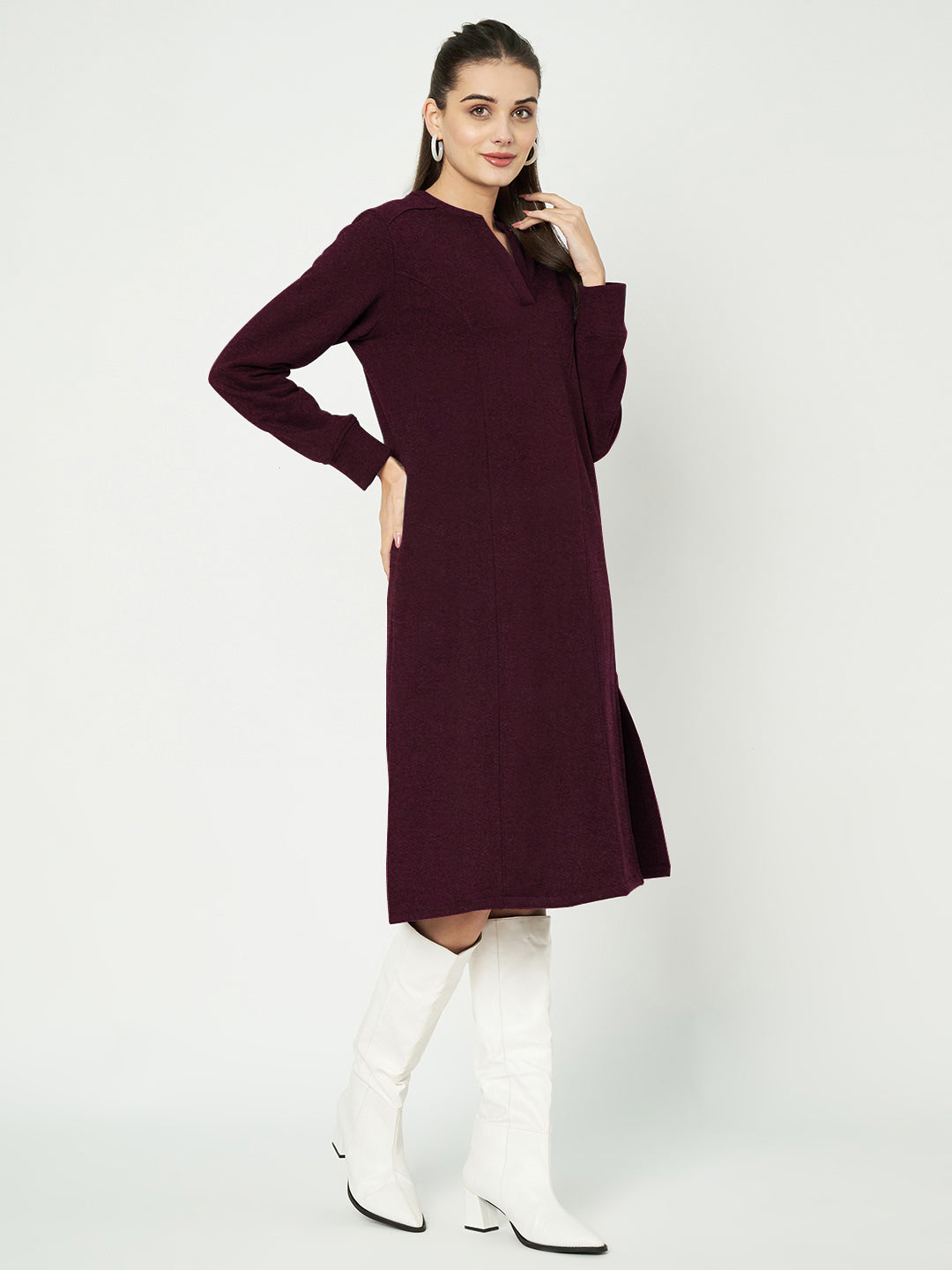 A-Line Dress with V-Neck Split Mandarin Collar