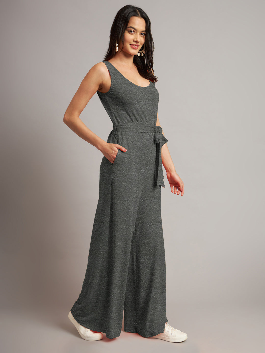 BRINNS Women Cotton Solid Round Neck Sleeveless Jumpsuit With Waist Tie-Ups
