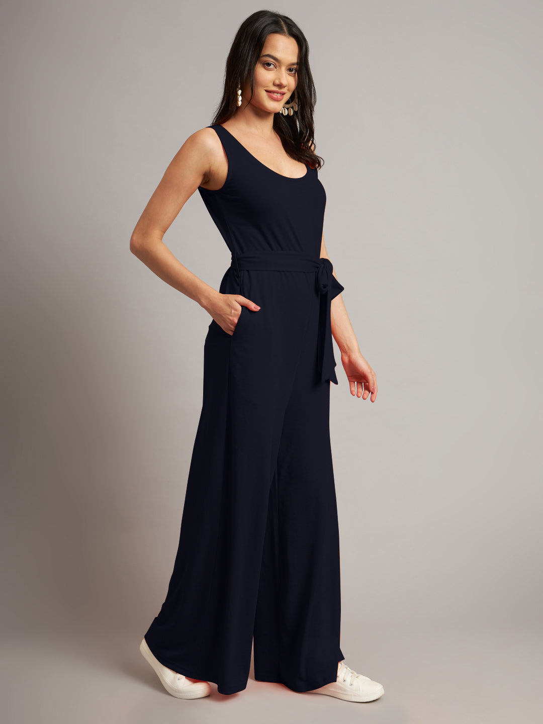 BRINNS Women Cotton Solid Round Neck Sleeveless Jumpsuit With Waist Tie-Ups