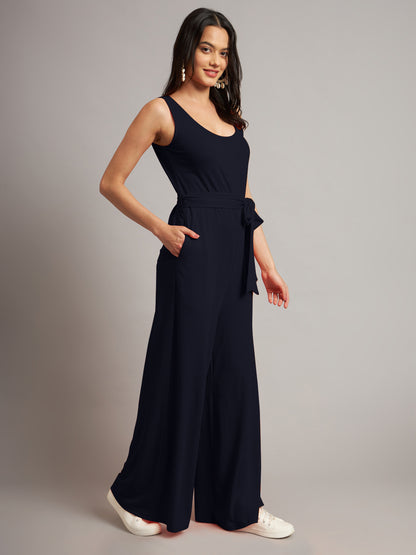 BRINNS Women Cotton Solid Round Neck Sleeveless Jumpsuit With Waist Tie-Ups